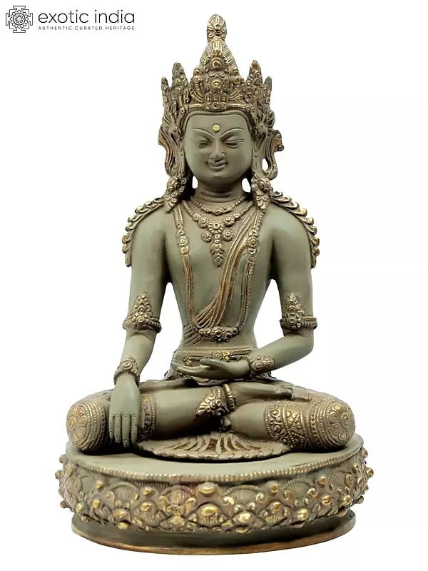 13" Crowned and Bedecked, Bhumisparsha Shut-Eyed Buddha in Brass | Indian Handcrafted Idol