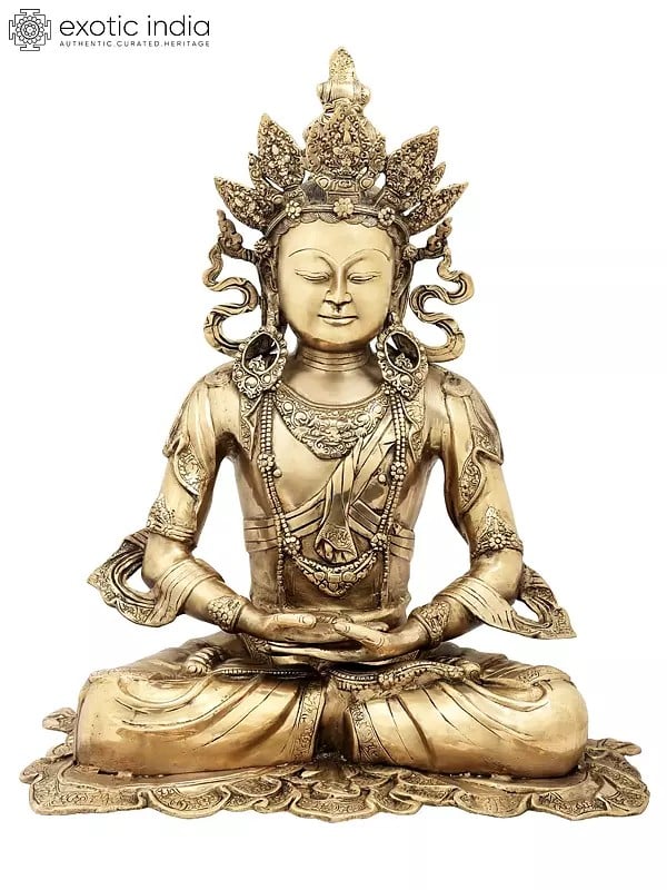 27" Seated Buddha with Five-Spired Crown in Brass | Indian Handcrafted Idol