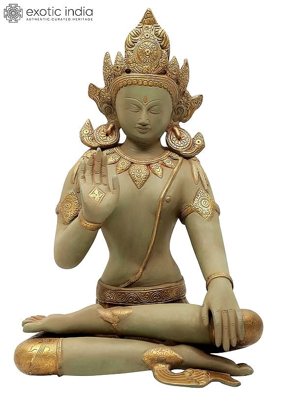 16" Green-And-Gold Seated Buddha in Brass | Handmade | Made In India