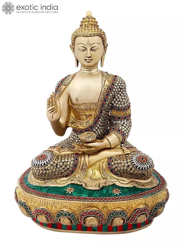 16" Preaching Buddha with Colorful Inlay Work in Brass | Handmade | Made In India