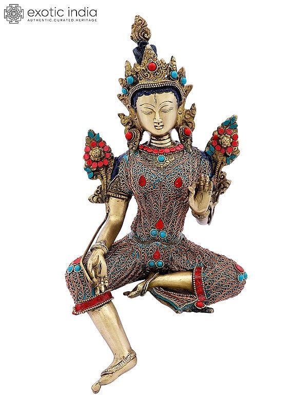 13" Superfine Tibetan Buddhist Green Tara with Colorful Inlay Work and Copper Wire | Handmade Brass Statue