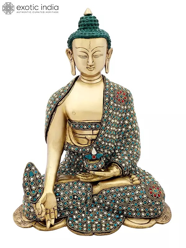 13" Medicine Buddha with Colorful Inlay Work in Brass | Handmade | Made In India