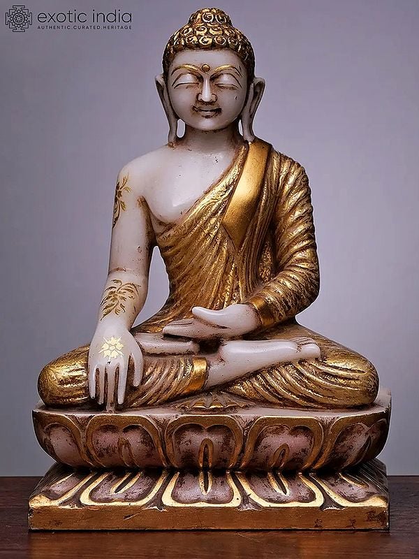 15" Lord Buddha in Bhumi-Sparsha Mudra | Handmade | White Marble Buddha Statue | White and Golden Buddha Statue | Lord Buddha Statue | Seated Meditation Statue