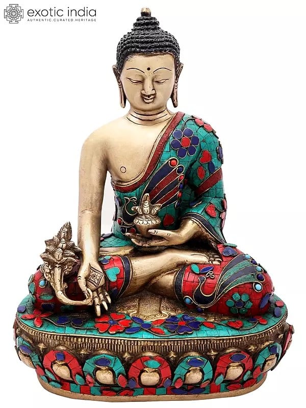 13" Tibetan Buddhist Healing Buddha | Medicine Buddha | Inlay Work | Brass Statue | Handmade | Made In India