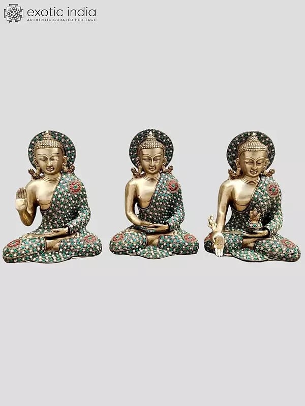 10" Tibetan Buddhist Deities Set of Three Buddhas | Inlay Work | Brass Statue | Handmade | Made In India