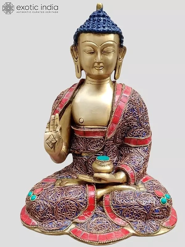 10" Gautam Buddha Preaching His Dharma | Inlay Work | Brass Statue | Handmade | Made In India