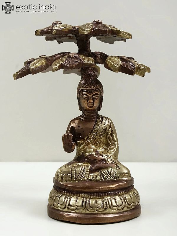 4" Tibetan Buddhist Lord Buddha Idol Seated Under a Tree in Brass