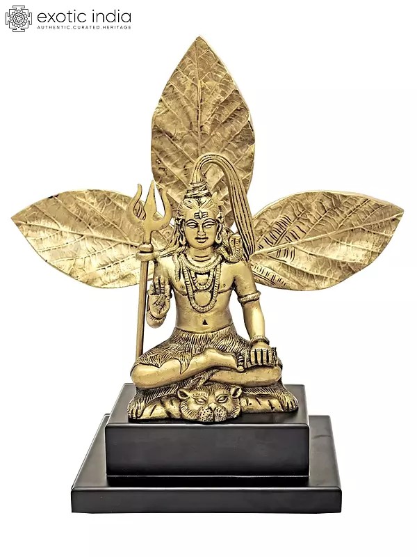 11” Brass Mahadev Shiva Idol in Ashirwad Mudra Sitting Background of a Bel/ Bilva Leaf