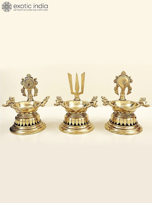 9" Superfine Vaishnava Symbols (Conch, Chakra and Tilak) Wick Lamp | Set of Three Wick Lamp | Brass Lamp | Handmade | Made In India