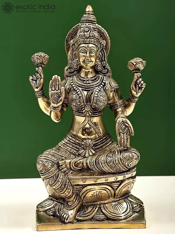 12" Goddess Lakshmi Seated on Lotus | Brass Goddess Lakshmi | Brass Statue | Handmade | Made In India