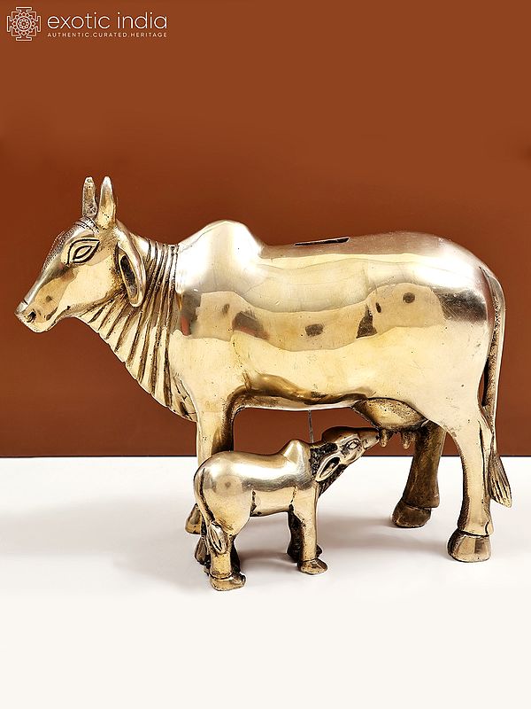 9" Brass Cow and Calf Money Bank | Handmade