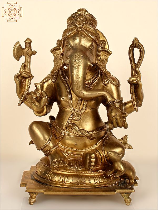 7" Superfine Lord Ganesha Seated on Pedestal | Hoysala Art | Solid Cast Piece