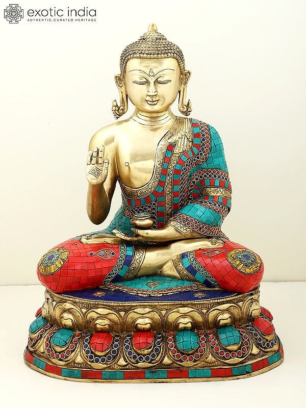 18" Gautam Buddha Preaching His Dharma | Brass with Inlay Work Buddha | Handmade