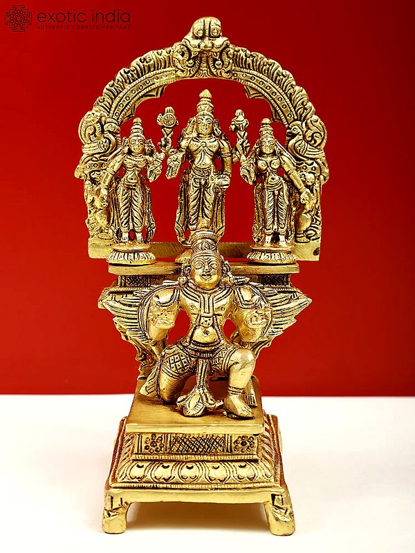 6" Small Brass Garuda Kneeling with Vishnu,Shridevi, Bhudevi