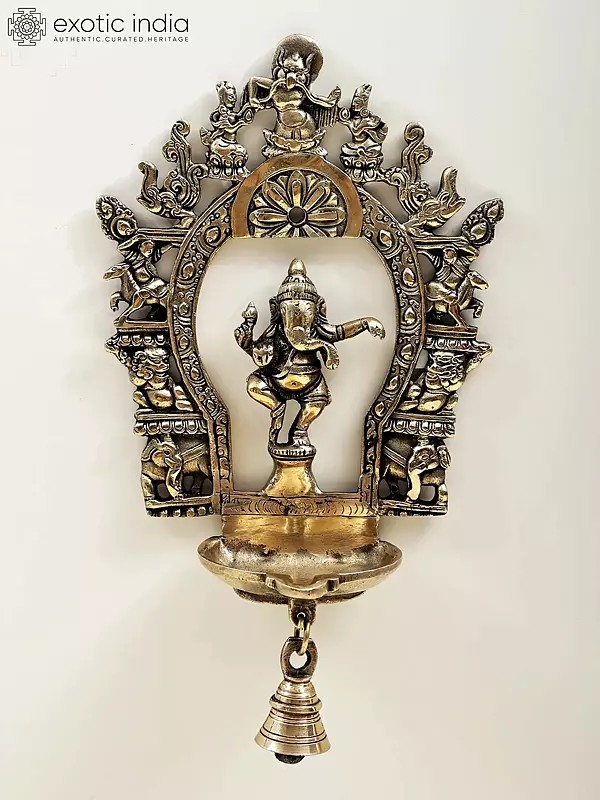 12" Brass Dancing Ganesha Frame Diya with Bell | Handmade