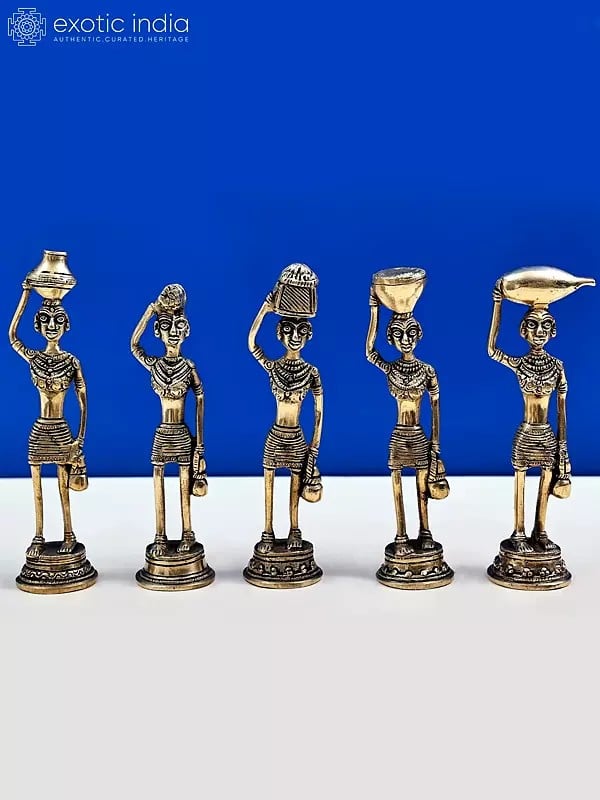 7" Brass Tribal Ladies Statue Set | Handmade