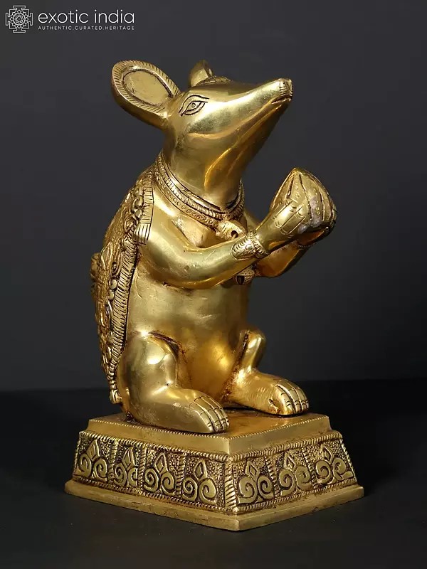 9" Brass Rat with Carving of Ganesha Ji on Back