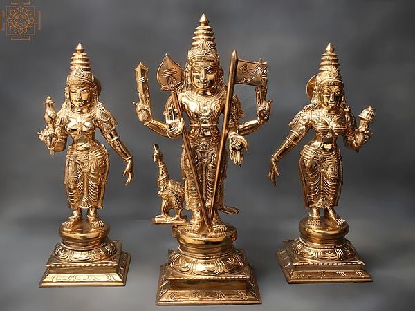 18" Karttikeya With Devasena And Valli (Murugan) Bronze Set