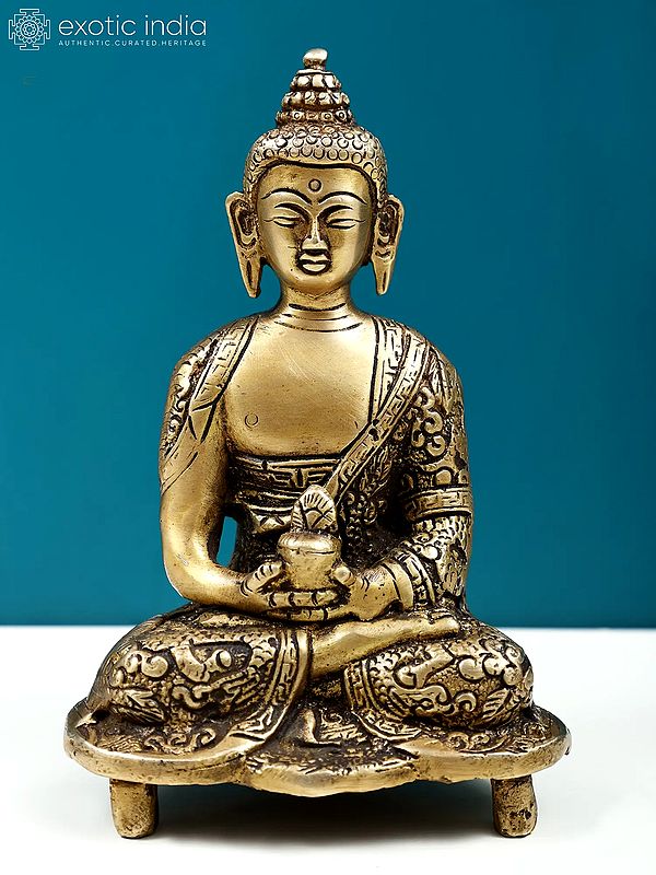 5" Small Brass Lord Buddha In Dhyana Mudra with Adorned in a Designer Robe