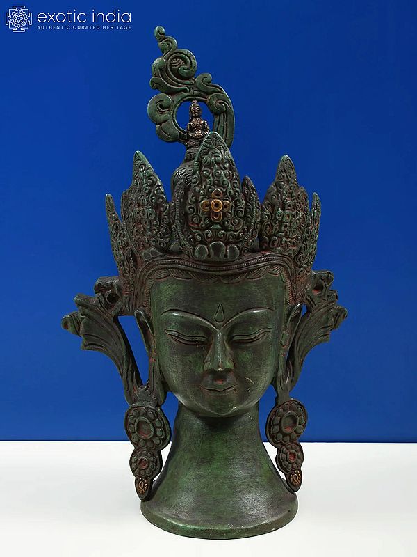 13" Brass Tibetan Buddhist Goddess Green Tara Wall Hanging Mask