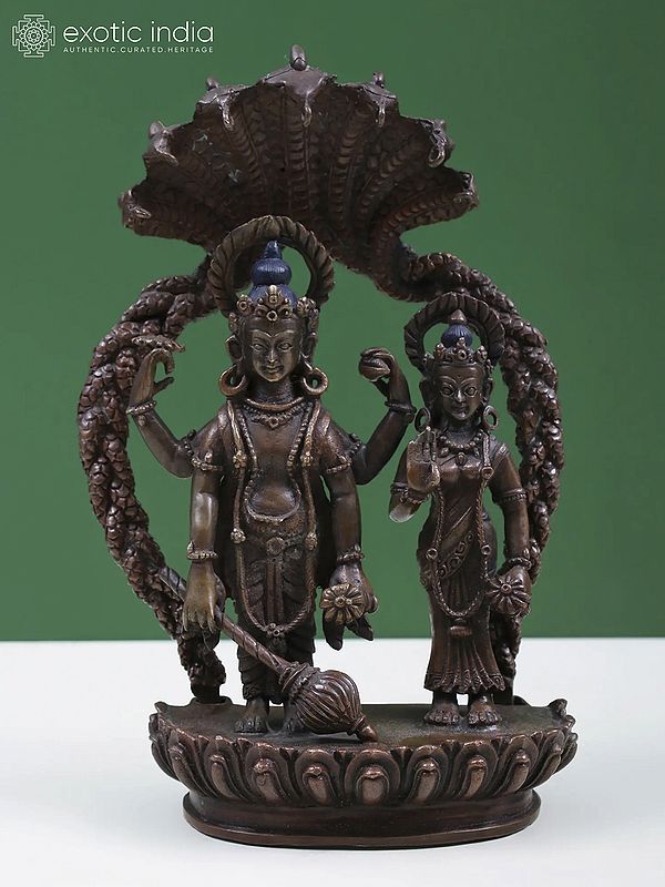 7" Copper Statue of Vishnu and Lakshmi on Sheshnag