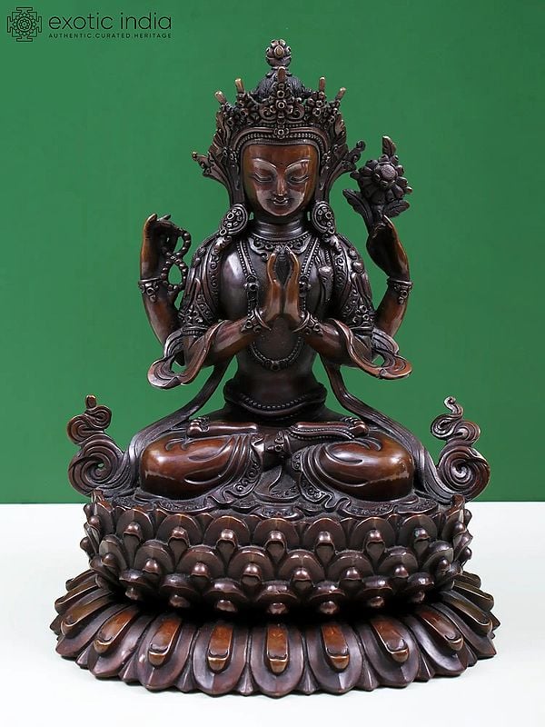 10" Chenrezig Copper Figurine from Nepal Seated on Superfine Pedestal