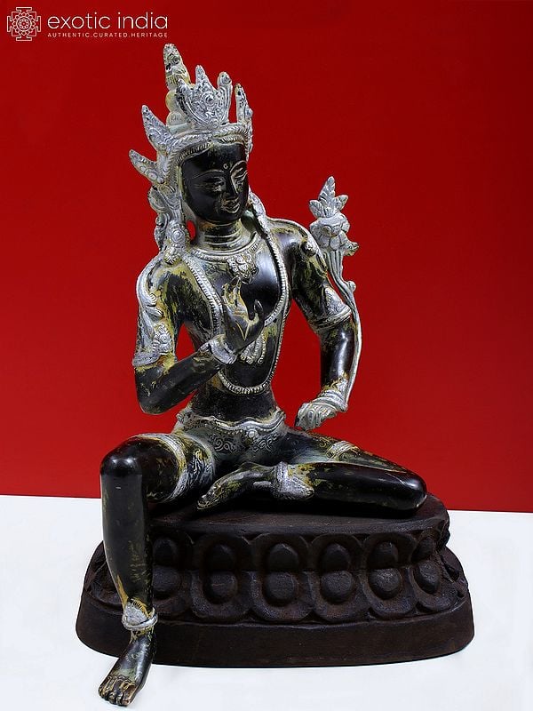 12" Brass Crown Buddha with Wooden Pedestal