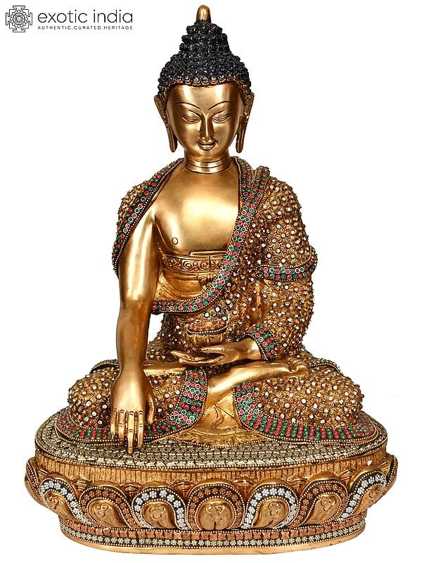 16" Beautifully Ornamented Lord Buddha in Bhumisparsha Mudra (Tibetan Buddhist) In Brass | Handmade | Made In India