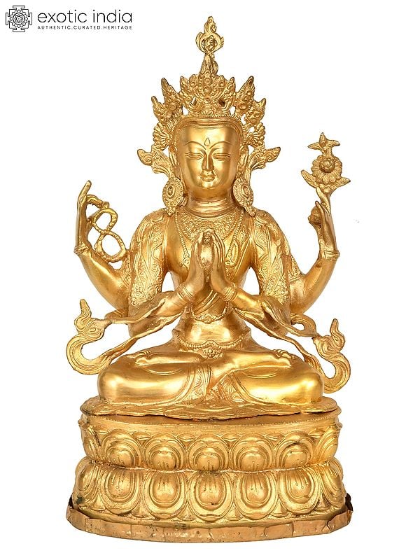 17" Tibetan Buddhist Four Armed Avalokiteshvara In Brass | Handmade | Made In India