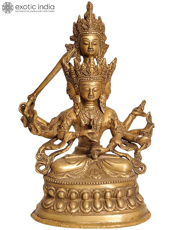 10" Buddhist Deity Four-Headed Manjushri (Maha Manjushri) Brass Idol | Handmade | Made in India