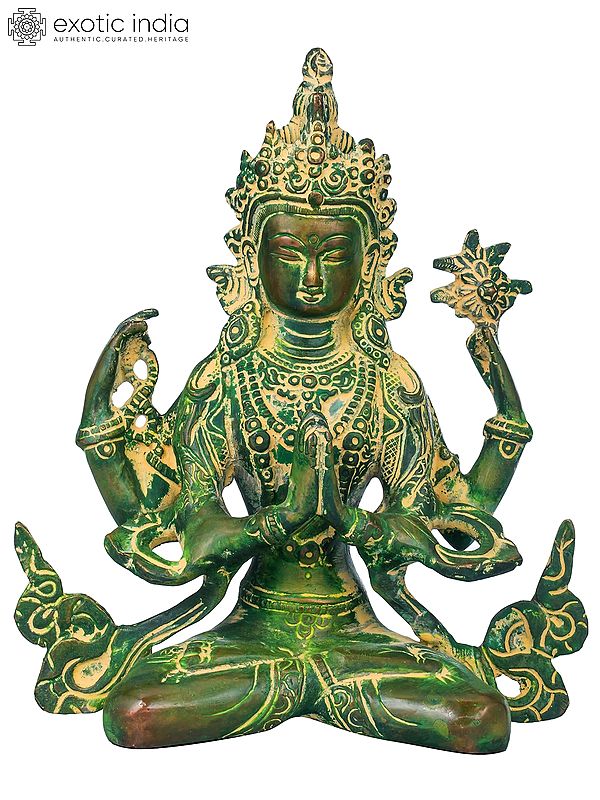 7" Tibetan Buddhist Deity Shadakshari Lokeshvara - Chenrezig In Brass | Handmade | Made In India