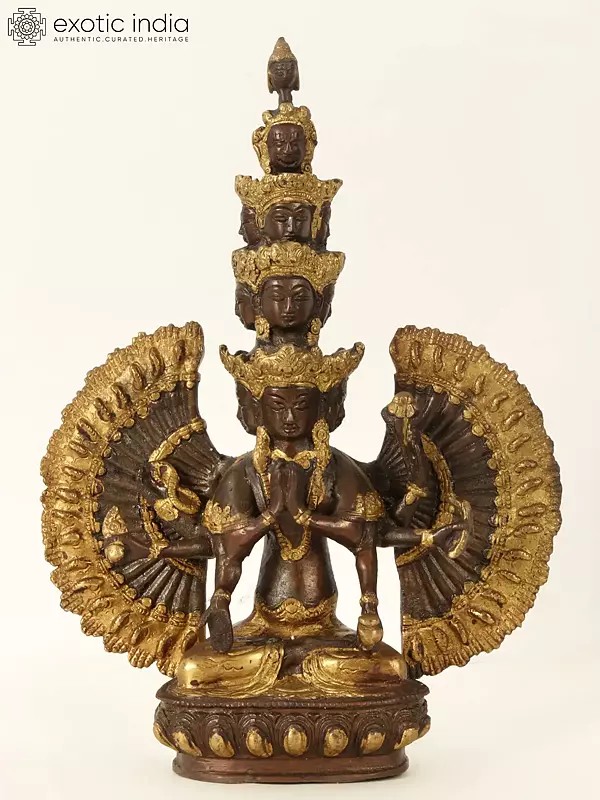 12" Tibetan Buddhist Deity Eleven Headed Avalokiteshvara Brass Statue | Handcrafted Indian Idols