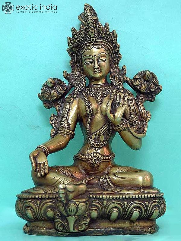 8" Tibetan Buddhist Goddess Green Tara Brass Idol | Handmade | Made In India