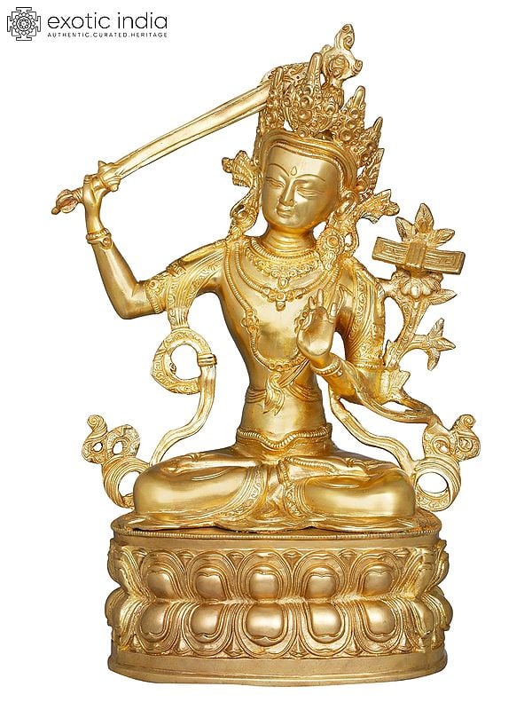 14" Manjushri - Tibetan Buddhist Deity Upholder of the Double-Edged Sword | Handmade Brass Statues