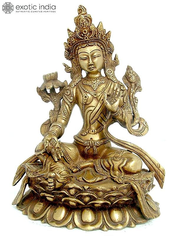 8" Tibetan Buddhist Goddess Green Tara Brass Statue