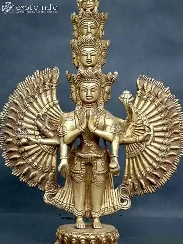 14" Buddhist Deity Eleven Headed Thousand-Armed Avalokiteshwara Brass Statue | Handmade | Made in India