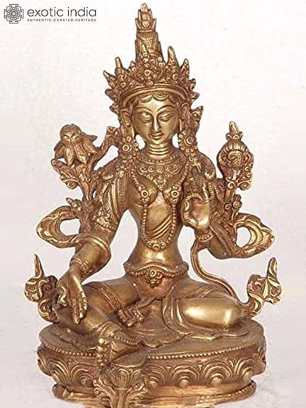 8" A Traditional Form of Green Tara (Tibetan Buddhist Goddess) In Brass | Handmade | Made In India