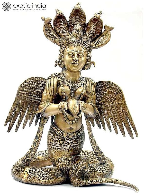 17" Naga-Kanya Brass Statue | Handmade Snake Woman Idol | Made in India