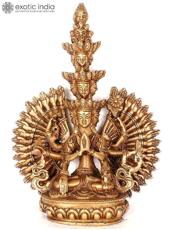 7" Eleven Headed Thousand-Armed Avalokiteshvara Brass Idol | Handmade Buddhist Deity Statue | Made in India