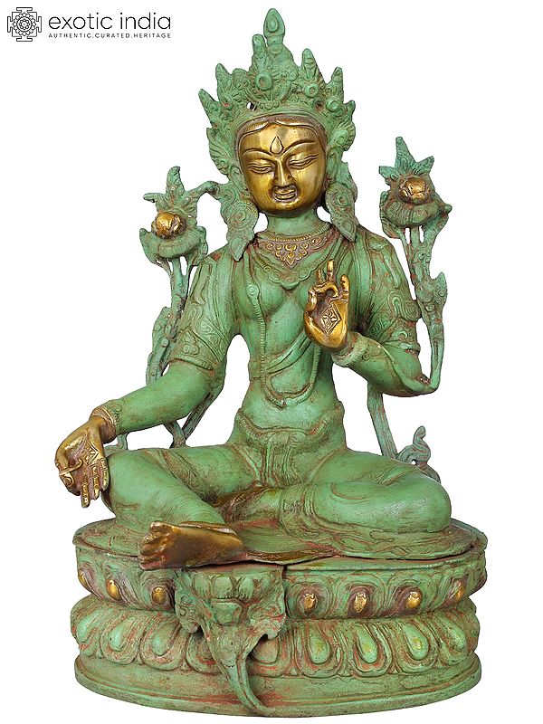 12" Green Tara Brass Statue | Handmade Tibetan Buddhist Deity Figurine
