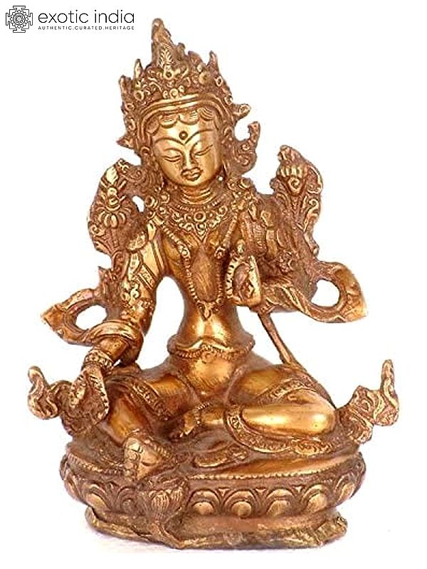 6" Tibetan Buddhist Goddess Green Tara In Brass | Handmade | Made In India