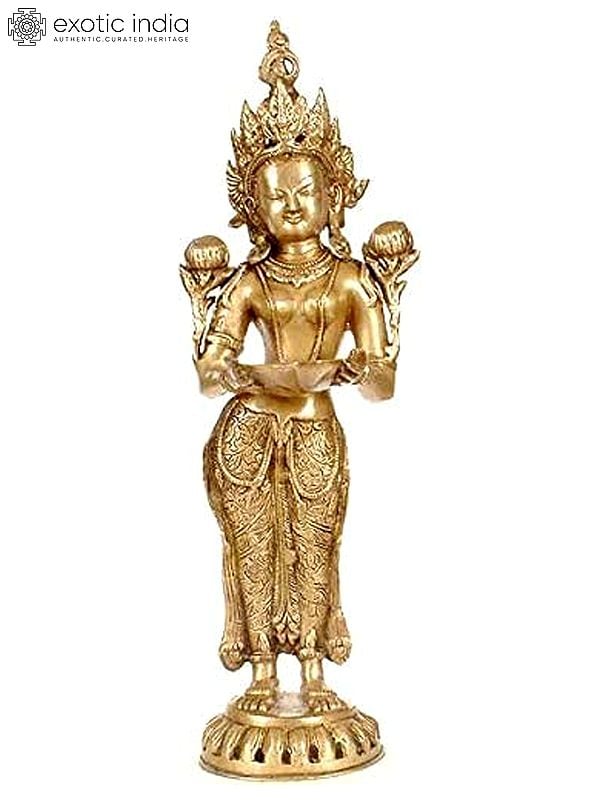 20" Tibetan Buddhist Tara with Lamp in Brass | Handmade | Made in India