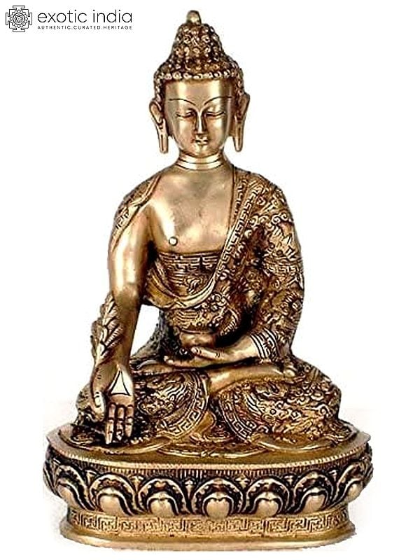 10" Medicine Buddha Idol with Deft Carving in Brass | Handmade Tibetan Buddhist Brass Statue