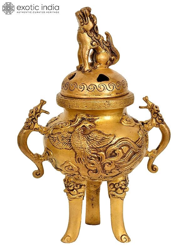 9" Incense Burner with Snow Lions in Brass | Handmade | Made in India