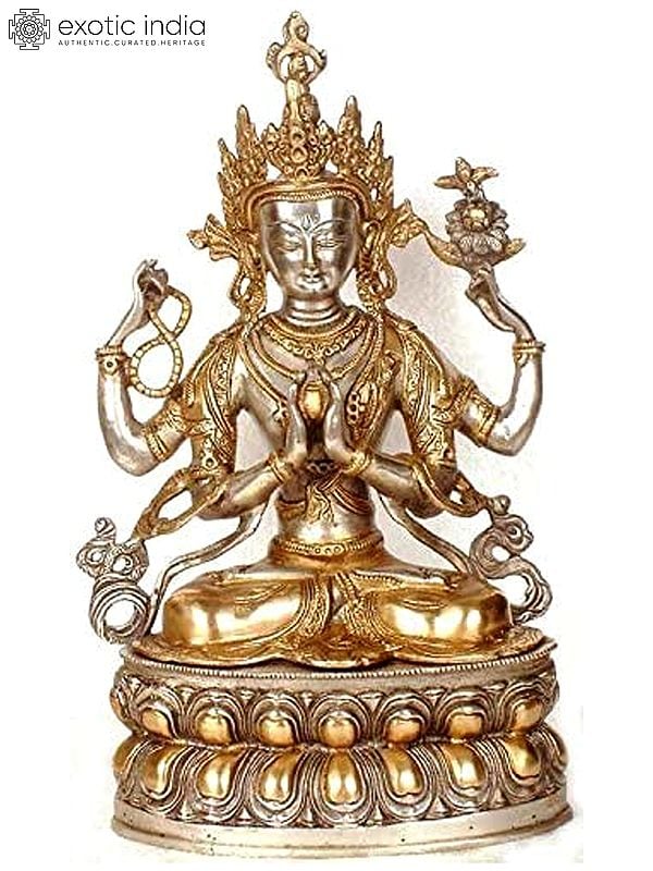 14" Tibetan Buddhist Deity Four Armed Avalokiteshvara (Chenrezig) In Brass | Handmade | Made In India