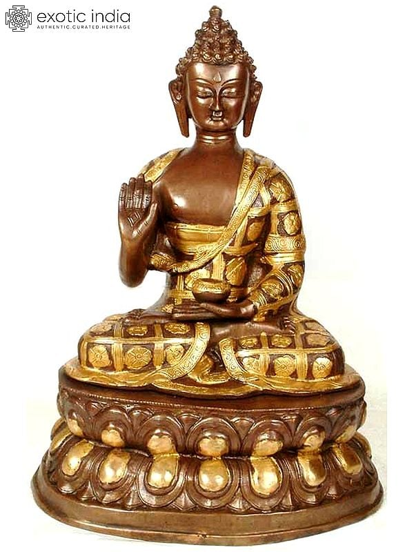 17" Buddha with the Patchwork Monk Robe In Brass | Handmade | Made In India