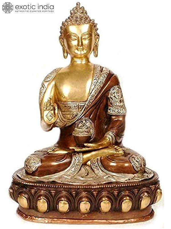 14" Blessing Buddha with Ashtamangala Carved on His Robe In Brass | Handmade | Made In India