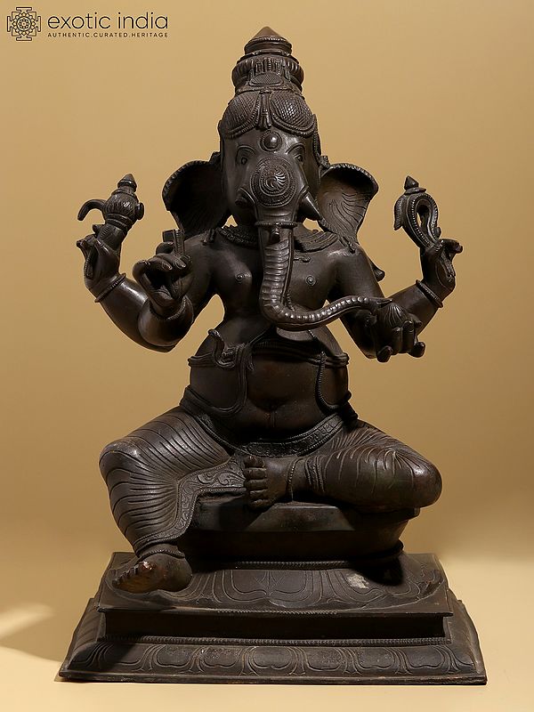 17" Chaturbhuj Ganesha Bronze Statue Seated on Pedestal