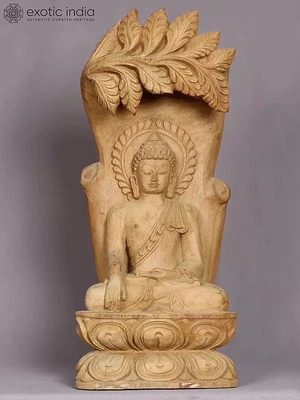 18" Wooden Shakyamuni Buddh Under Tree