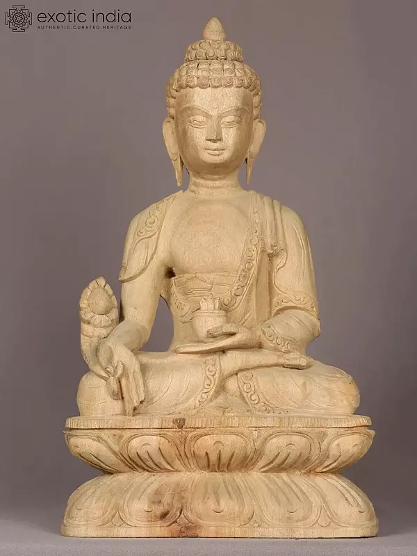 16" Wooden Lord Medicine Buddha Sculpture